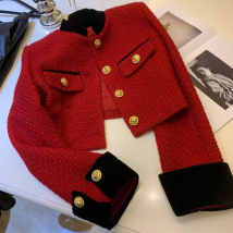 Mode Nähen Tweed Kurze Jacke Frauen Herbst Winter Elegante Büro Dame Mantel Y2K Koreanische O Neck Einreiher Crop Outwear