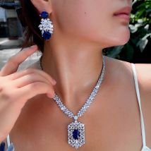 CWWZircons Wunderschöne Dubai Royal Blue Zirkonia Große Blume Braut Halskette Schmuck Sets Hochzeit Party Frauen Zubehör T0721