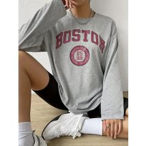Damen bekleidung schick Boston Letter Print T-Shirt Rundhals ausschnitt Langarm leichte Stretch perfekt für Herbst Frauen sportliche Freizeit kleidung