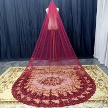 Einstufiger weinroter Brautschleier aus Spitze mit Pailletten, Kathedralenschleier, Hochzeitsaccessoires, Metallkamm