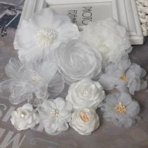 10Pcs Set Off White Series Mix 10 Styles Chiffon Organza Fabric Rose Flowers Wedding Dress Girls Clothing Headwear Decoration