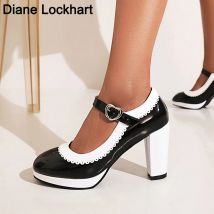 Damenschuhe mit Absätzen, Damen, gemischte Farben, Plateau-Pumps, flacher Mund, runde Zehenschuhe für Damen, Mary Jane-High-Heels-Schuhe