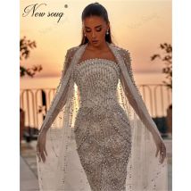 Charmante Dubai Cape Long Sleeves Abendkleider für Hochzeiten Maßgeschneiderte Vollperlen Perlen Partykleid Verlobungskleider Roben