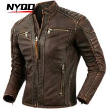 Herren-Jacke aus Naturleder, erste Schicht aus Kalbsleder, Stehkragen, Motorradjacke, Retro-braune Rindslederjacke, Herren-Biker-Kleidung