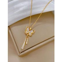 Stainless Steel Inlaid Zircon Butterfly Moon Pendant Necklace For Women Men Romantic Crescent Moon Animal Choker Party Jewelry