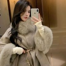 High-End-Doppelseitiger Kaschmirmantel für Damen, Fuchskragen, Umhang, Schal, Wolle, modisch, warme Mäntel, 2024, Winter, neu, 2DA8104