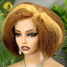 Short 5x5 Glueless C Part Lace Closure Highlight Kinky Straight Bob Wig 300% Density 12A 100% Human Hair Remy Hair Wig for Women