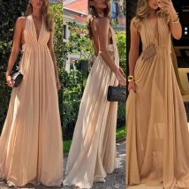 2023 neue Sommer Tiefem V-ausschnitt Lange Abendkleid Plissee Hängenden Hals Rückenfreies Kleid Frauen