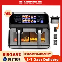 Sinaopus Friggitrice ad Aria Calda 2200W Doppio Cestello 9 L XXL Friggitrice ad Aria Multifunzione Programmi Automatici con Schermo Tattile LED Programmabile