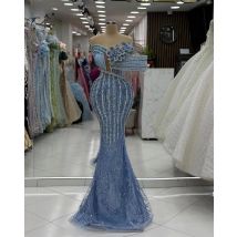 2025, neueste blaue Promi-Kleider, Meerjungfrau-Kristalle, elegante Abendkleider, Runway-Kleider auf dem roten Teppich, Partykleider, individuell gestaltet