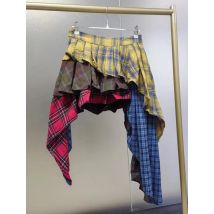 Echtes Foto Herbst-Trend Neue Mode Baumwolle Kariert Patchwork Unregelmäßiger Rock Hochgeschnittener Hosenrock Damen Streetwear Y2K Rock