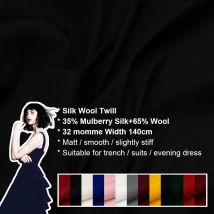 CISULI Seidenwoll-Twill-Stoff, 140 cm Breite, 32 mm/48 % Seide + 52 % natürlicher Seidenstoff, Anzüge, Plüschstoff, Hochzeits- und Partykleid-Stoff