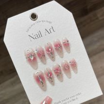 Handgefertigte Nägel zum Aufdrücken, rosa Rouge, glänzendes Strass-Dekor, künstliche Nägel, vollständige Abdeckung, tragbar, süße koreanische Mandel-Fake-Nagelspitzen