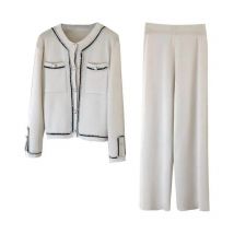 Autumn Suit Women Tracksuit New Fashion Round Neck Knitted Cardigan Top + Loose Wide Leg Pants Two Piece Sets