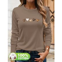 Women's autumn and winter 100% pure cotton fashionable casual heart-shaped printed round neck long sleeved T-shirt top