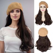Baskenmütze mit Haarverlängerungen, Künstlerkappe, solide, klassisch, befestigt, 40,6 cm, lockiges Haarteil, synthetische Perücke, Hüte für Frauen, Dunkelbraun