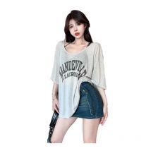 Sexy Y2K Women's Loose T-Shirt Letter Print Sheer Blouse Summer Thin Short Sleeve Cover Tops Casual Oversized Tee Babes Clothes
