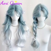 AosiQueen Long Body Wave Ombre Mmint Blue Cosplay Wigs Heat Resistant Synthetic Wigs Middle Part Natural Lolita Wigs For Women
