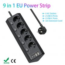 EU 5-Way Sockets Desktop Power Strip with Individual switch, mulit plug outlets with USB Charge, 2m Extension Cord