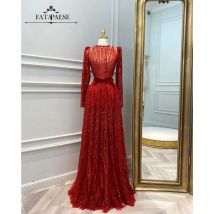 FATAPAESE Haute Couture Luxus-Abendkleider, volle Ärmel, Perlen, Tüll, Abschlussball-Partykleid mit Gürtel, arabisches Dubai-Muslimkleid