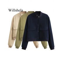 Willshela Women Fashion Solid Bomber Jackets Coat With Pockets V-Neck Single Breasted Long Sleeves Female Chic Lady Outfits