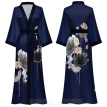Bata de baño Kimono de media manga de estilo japonés para mujer, bata larga, camisón, ropa de dormir, bata suelta de satén con estampado de flores para el hogar