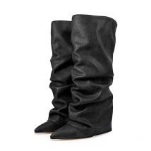 2025 New Autumn Women Pointy Trousers Legs High Boots Fashion Turned-Over Edge Botas Mujer Pleated Boots 9CM Heel Model Shoes