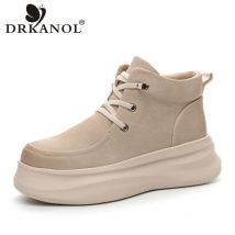 DRKANOL Frauen Echtes Leder Flache Plattform Schuhe 2025, Herbst Winter High Top Dicken Boden Lace-Up Casual Schuhe Dame kurze Stiefel