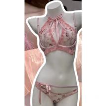 Women's Embroidered Ribbon Bow Bralette & Panty Set, Butterfly Mambo Pure Desire Wireless Comfort Bra for Daily Wear MOYISU Sexy