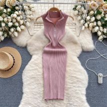 2024 rosa Sexy Zipper Sommer Stricken Strap Kleid Frauen Tank Elastische Taille Bodycon Sommerkleid Weibliche Strand Ärmelloses Mini Kleid