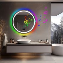 LUVODI Specchio da bagno Bluetooth RGB rotondo illuminato da 32 pollici Specchio cosmetico antiappannamento dimmerabile con 360 °   Altoparlanti Bluetooth stereo