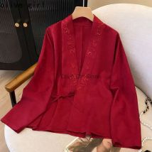 Plus Size Shirt Stickerei Chinesischer Stil Shirt Top Langarm Antiker Stil Kreuzkragen Rotes Hemd für Frauen Hanfu Kostüm