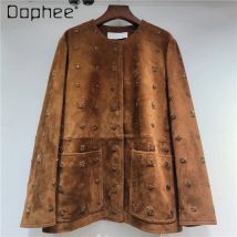 Europäischen und Amerikanischen Stil Schwere Perlen Stickerei Rundhals Langarm Wildleder Jacke Elegante Prominente High-end-Lose Casual Top