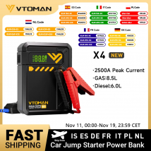 VTOMAN X4 Avviatore di emergenza per auto 2500A Power Bank per auto 4 in 1 con compressore d'aria portatile Avviamento per auto Booster per gas 8,5 litri/6,0 litri Diesel