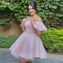 Qanz Siny Pink Abschluss ball zieht von der Schulter funkeln Pailletten Party kleid Frauen elegante Luxus kurz eine Linie Abschluss kleider