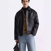 Herren Frühling und Herbst neue Mode lässig Kunstleder Revers Jacke, einfarbig einreihige lose PU-Lederjacke