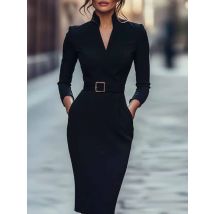 New Elegant V Neck Midi Pencil Work Dress Woman Casual Solid Slim Bodycon Dresses Autumn Long Sleeve Pocket Party Dress Vestidos