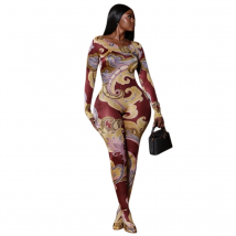 Women’s Paintings Print O-Neck Long Sleeve Zipper Jumpsuits