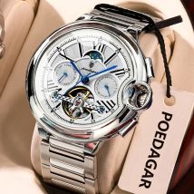 POEDAGAR Luxury Business Male Watch Date Week Stainless Steel Tourbillon Men Clock Waterproof Automatic Mechanical Men's Watches