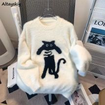 Lazy Style Pullover Frauen Loose Fit Chic Cartoon Katzen All-Match Freizeit College gestrickt Samt Klassiker vorherrschen den Herbst Mujer
