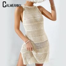 2025 sommer Europäischen und Amerikanischen Neue Stil Stricken Aushöhlen Sexy Seite Schlitz Retro Cover Up Frauen Solide Strand Kleider