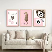 3 Stück ungerahmte moderne Kunstposter – rosa Leopard, Gepard und Lady Luck Designs, luxuriöse Leinwand-Wandkunst für Wohnzimmer, Schlafzimmer