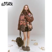 ELFSACK 2024 Winter Neuheiten Maillard Retro-bedruckte kurze Daunenjacke mit Stehkragen