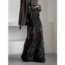 Deeptown schwarze Spitze Maxi röcke Frauen sexy elegante lange Rock Vintage durch Tüll Röcke lässig festen transparenten Rock sehen