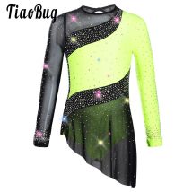 Kinder Mädchen Rhythmische Gymnastik Kostüm Langarm Sheer Mesh Patchwork Sparkly Strass Trikots Kleid Eislaufen Dancewear