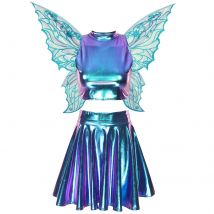 Frauen Halloween Fee Elf Cosplay Performance Kostüm Ärmelloses Mock Neck Crop Top mit Rock Schmetterlingsflügeln für Mottoparty