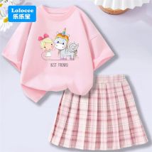 Sommer-Anzug im Preppy-Stil für Mädchen, 2025, kurzärmelig, beste Freundin, Einhorn-T-Shirt, lässig, plissiert, karierter Rock, zweiteiliges Set