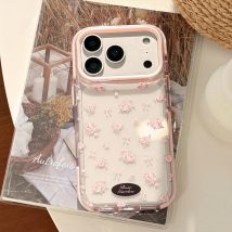 Korean Full Screen Pink Rose Flowers Magnetic Phone Case For iPhone 17 16 15 14 13 12 Pro Max Transparent Shockproof Soft Cover