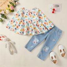 1–4 Jahre Kleinkind Mädchen Mode 2-teiliges Kleidungsset Langarm Blumenbluse + zerrissene Löcher Jeans Frühling und Herbst All Match Anzug