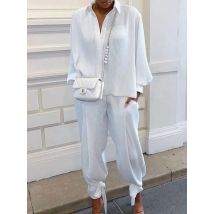 Klassisches, solides Hemd-Hosen-Set für Damen, lässig, locker, langärmelig, Revers, elastische Taille, zweiteiliger Anzug, 2025, neues Sommer-Straßen-Outfit